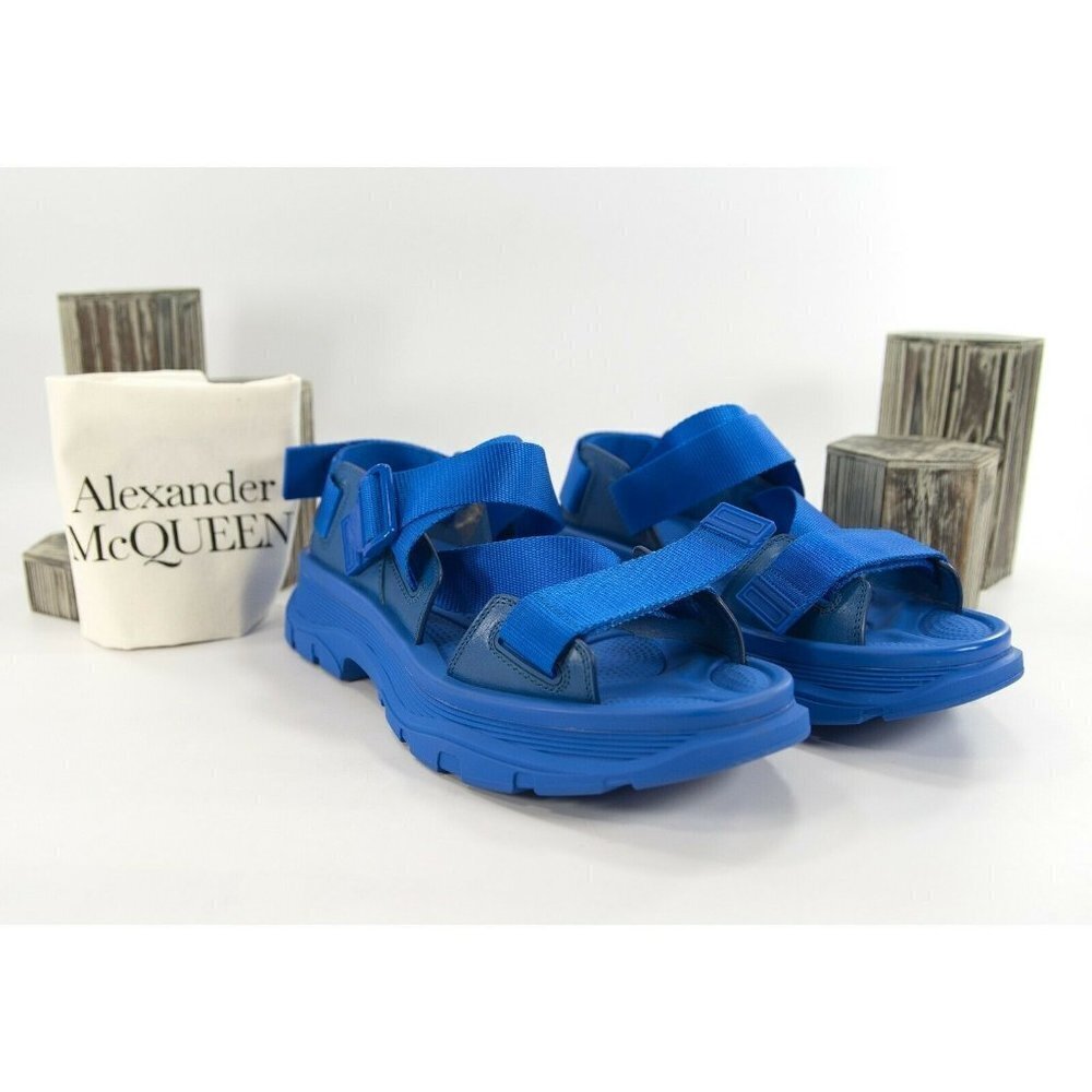 Alexander McQueen Blue Mens Hybrid Tech Leather Rubber Sandals 44 NIB
